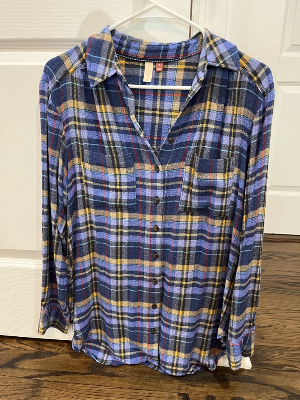 PILCRO Button-Front Plaid Shirt in Navy, Lavender & Mustard